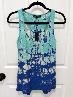 100% Silk Gypsy Global Villlage Blue and Teal Tie-Dye Sleeveless Top Size Small